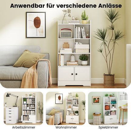 Bookcase with 2 doors and 5 compartments, white wooden bookcase, 60 x 29.5 x 120 cm