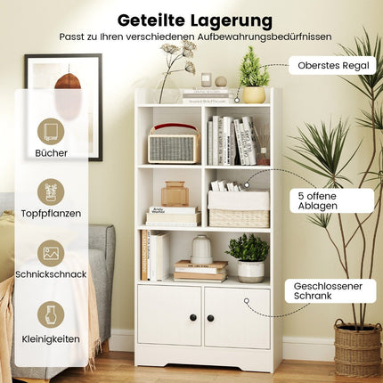 Bookcase with 2 doors and 5 compartments, white wooden bookcase, 60 x 29.5 x 120 cm