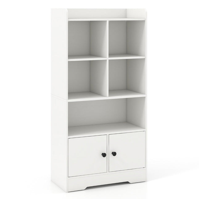 Bookcase with 2 doors and 5 compartments, white wooden bookcase, 60 x 29.5 x 120 cm