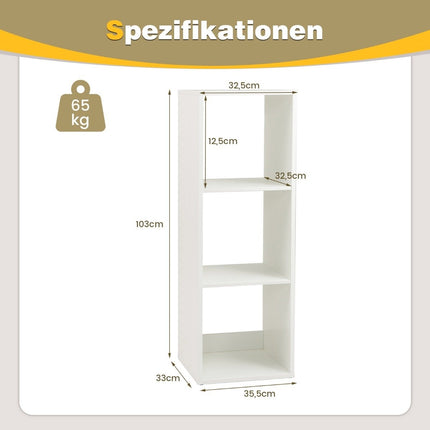 Bookcase with 3 compartments cube shelf standing shelf open shelf white 35.5 x 33 x 103 cm