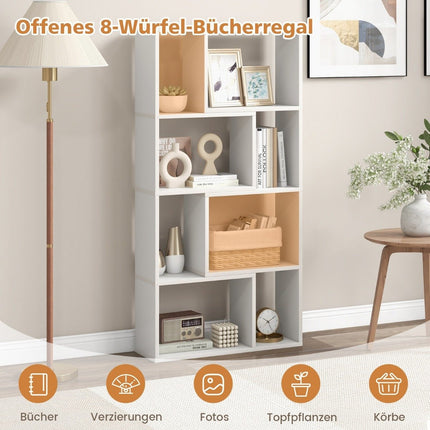 Bookcase with 4 levels, standing shelf with 8 compartments, cube shelf, 60 x 20 x 120 cm, white