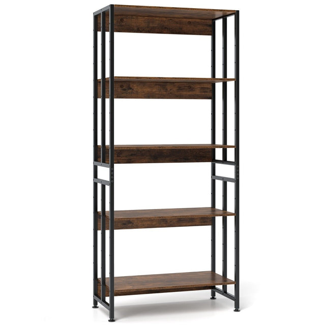 Bookcase with 5 levels in industrial style, storage shelves, floor standing shelf, brown