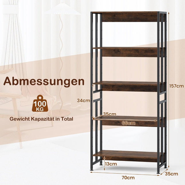 Bookcase with 5 levels in industrial style, storage shelves, floor standing shelf, brown