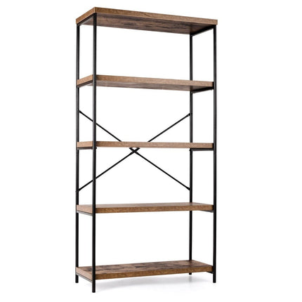 Bookcase with 5 levels & metal frame & industrial design standing shelf office shelf brown