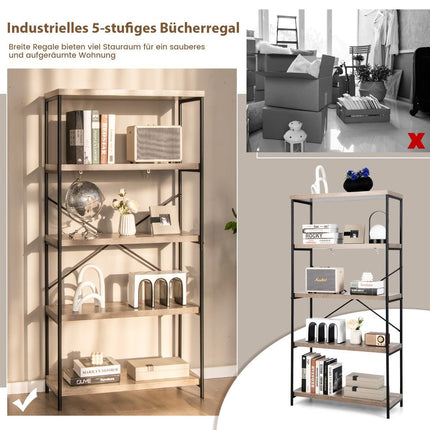 Bookcase with 5 levels & metal frame & industrial design standing shelf office shelf gray
