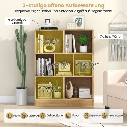 Bookcase with 7 compartments, standing shelf with 3 levels, cube shelf, office shelf, 80 x 24 x 104 cm, natural