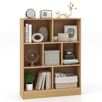 Bookcase with 7 compartments, standing shelf with 3 levels, cube shelf, office shelf, 80 x 24 x 104 cm, natural