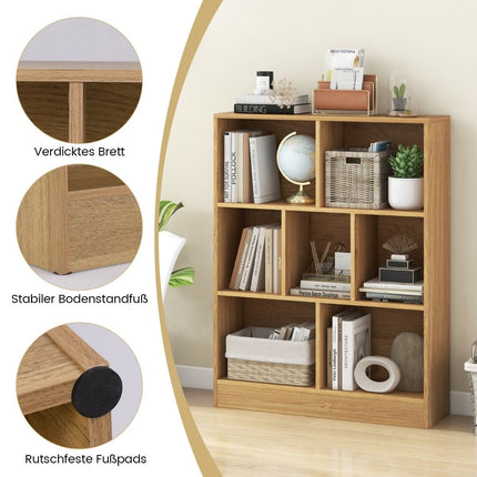 Bookcase with 7 compartments, standing shelf with 3 levels, cube shelf, office shelf, 80 x 24 x 104 cm, natural