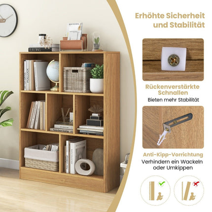 Bookcase with 7 compartments, standing shelf with 3 levels, cube shelf, office shelf, 80 x 24 x 104 cm, natural