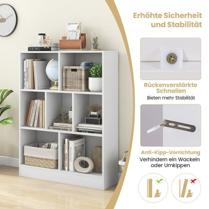 Bookcase with 7 compartments, standing shelf with 3 levels, cube shelf, office shelf, 80 x 24 x 104 cm, white