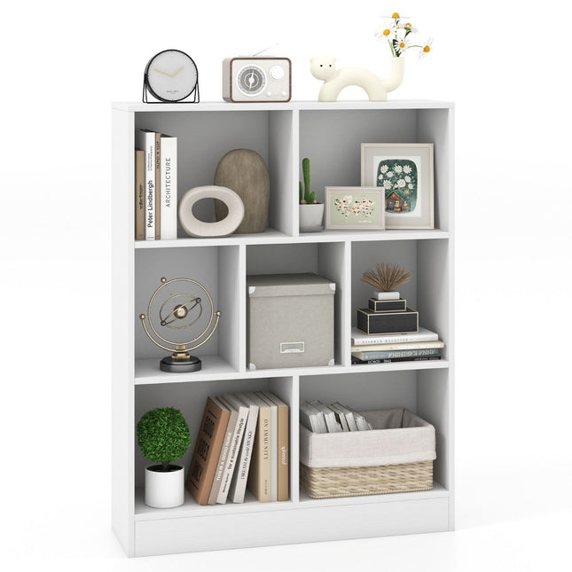 Bookcase with 7 compartments, standing shelf with 3 levels, cube shelf, office shelf, 80 x 24 x 104 cm, white