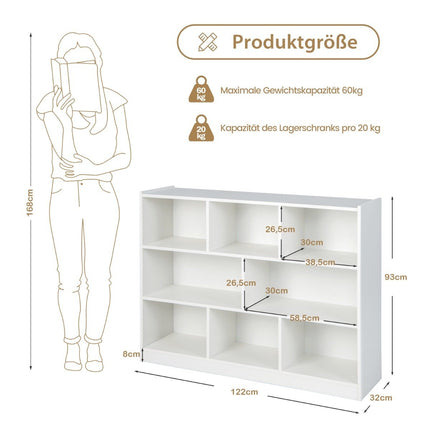 Bookcase with 8 compartments, 3-tier standing shelf for living room, 122 x 32 x 93 cm, white