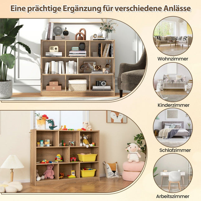 Bookcase with 8 compartments, standing shelf with 3 levels, cube shelf 122 x 32 x 93 cm natural