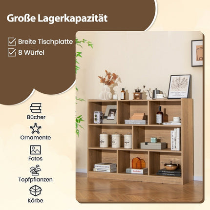 Bookcase with 8 compartments, standing shelf with 3 levels, cube shelf 122 x 32 x 93 cm natural