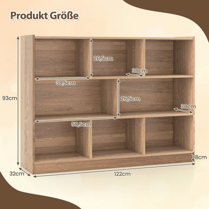 Bookcase with 8 compartments, standing shelf with 3 levels, cube shelf 122 x 32 x 93 cm natural