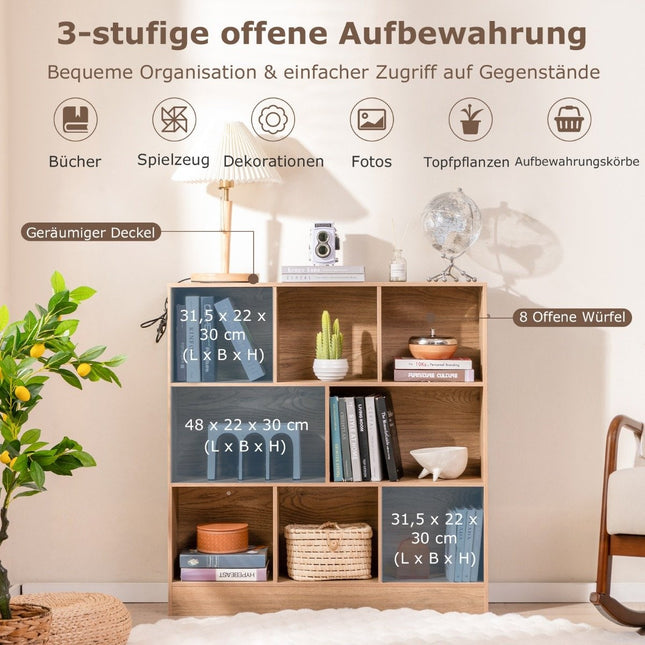 Bookcase with 8 compartments, standing shelf with 3 levels, cube shelf, office shelf, storage shelf, 100 x 24 x 104 cm, natural