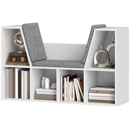 White bookcase with seat cushion - 6-compartment storage shelf