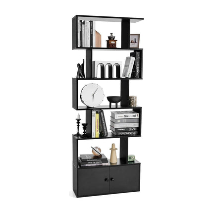 Bookcase with doors & 5 levels standing shelf made of wood 183 x 70 x 23 cm room divider black