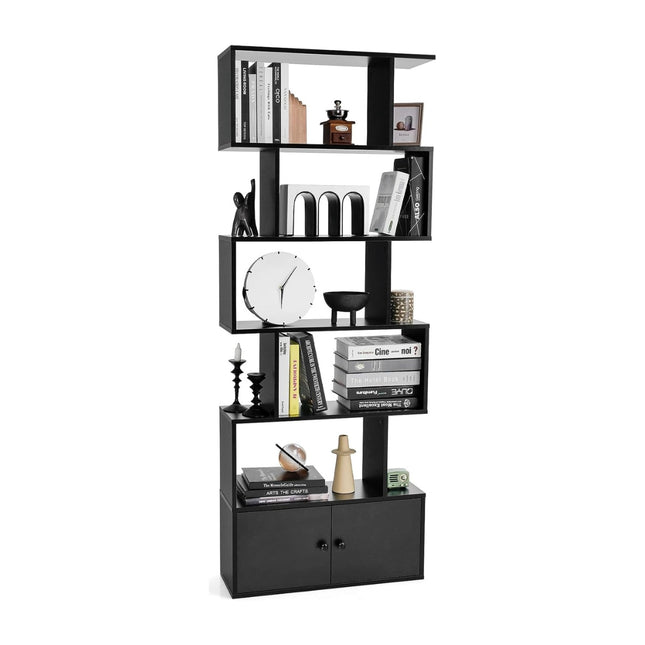 Bookcase with doors & 5 levels standing shelf made of wood 183 x 70 x 23 cm room divider black