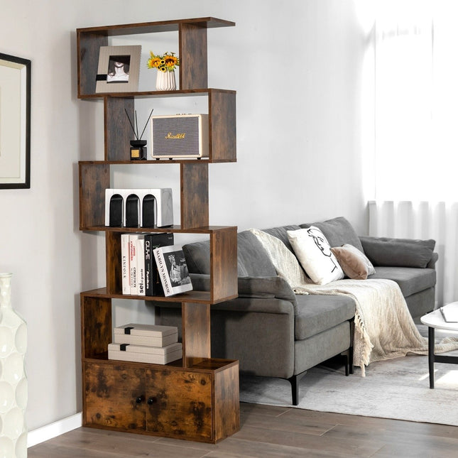 Bookcase with doors & 5 levels standing shelf made of wood 183 x 70 x 23 cm room divider brown