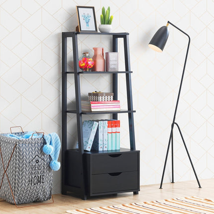 Bookshelf 4-Tier Modern Wooden Shelf Ladder Shelf with Drawers Bathroom Shelf Black