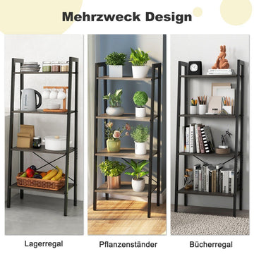 Bookshelf shelf with 4 levels ladder shelf wood with tilt protection and adjustable foot pads dark brown