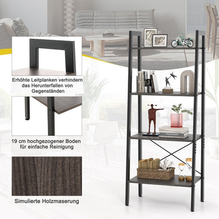 Bookshelf shelf with 4 levels ladder shelf wood with tilt protection and adjustable foot pads dark brown