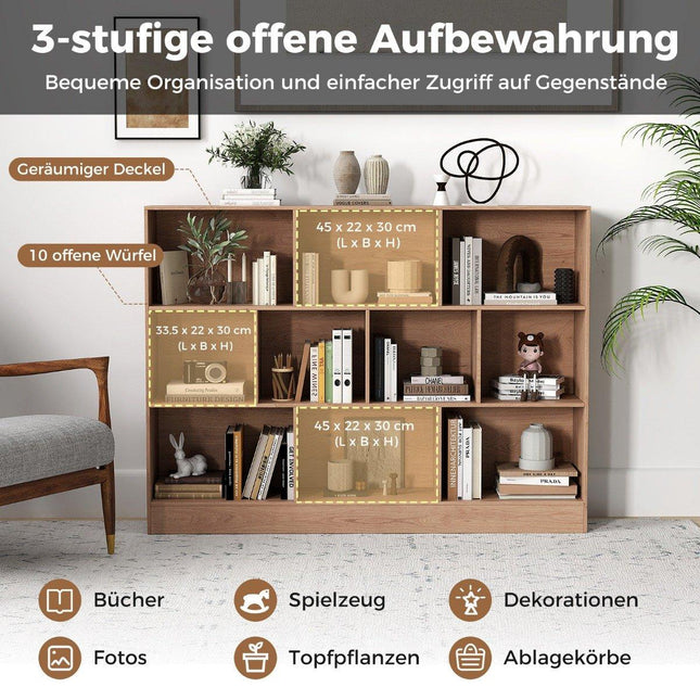 Bookshelf with 10 Compartments, 3-Tier, 140x24x104 cm