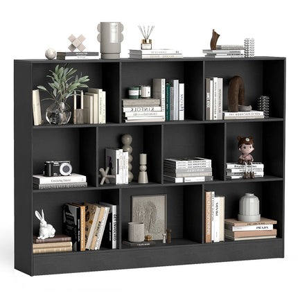 Bookshelf with 10 Compartments, Freestanding, 3 Tiers, Black