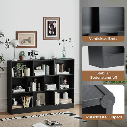 Bookshelf with 10 Compartments, Freestanding, 3 Tiers, Black
