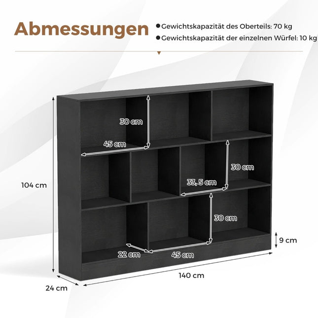 Bookshelf with 10 Compartments, Freestanding, 3 Tiers, Black