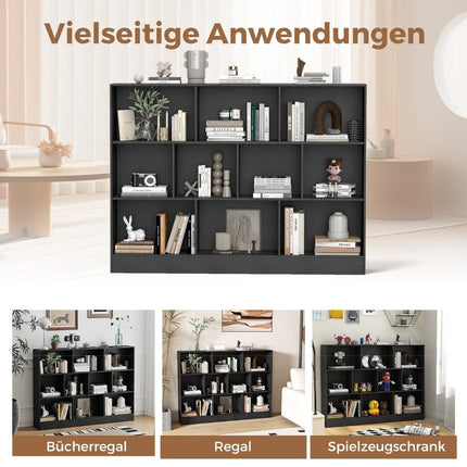 Bookshelf with 10 Compartments, Freestanding, 3 Tiers, Black