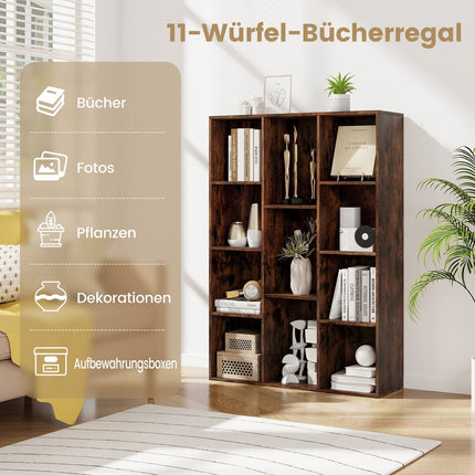 Bookshelf with 11 Cubes, 74x24x106 cm, Coffee Wood