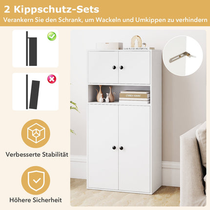 Bookshelf with 4 Doors, Adjustable Shelf, Anti-Tip, White