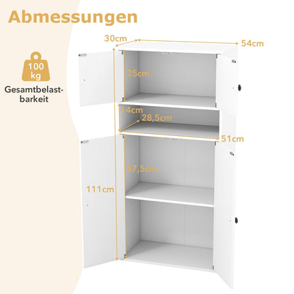 Bookshelf with 4 Doors, Adjustable Shelf, Anti-Tip, White
