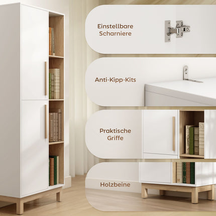 Bookshelf with 4 Shelves and 2 Cabinets, MDF, White, 176 cm