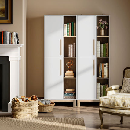 Bookshelf with 4 Shelves and 2 Cabinets, MDF, White, 176 cm