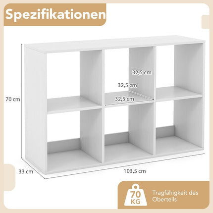 Bookshelf with 6 Open Shelves, White, Space-Saving Design