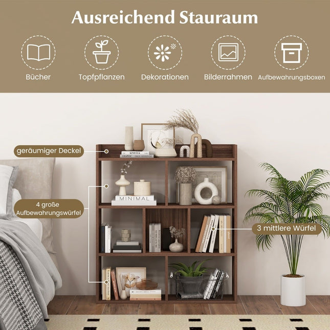 Bookshelf with 7 Cubes, Open Back, Walnut Finish, 80x20x90 cm