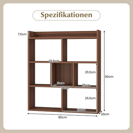 Bookshelf with 7 Cubes, Open Back, Walnut Finish, 80x20x90 cm
