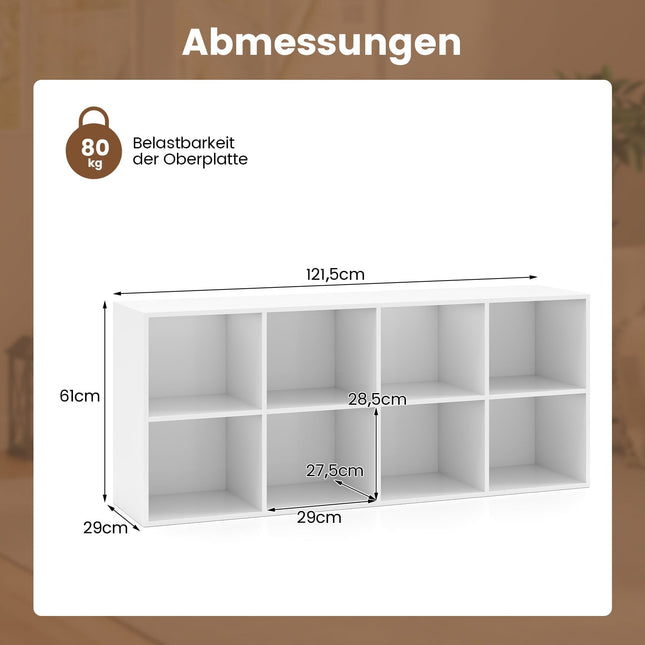 Bookshelf with 8 Compartments, 121.5 x 29 x 61 cm, White