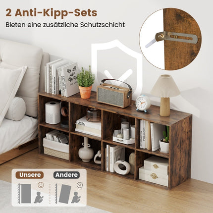 Bookshelf with 8 Cubes, 121.5 x 29 x 61 cm, Anti-Tip Safety