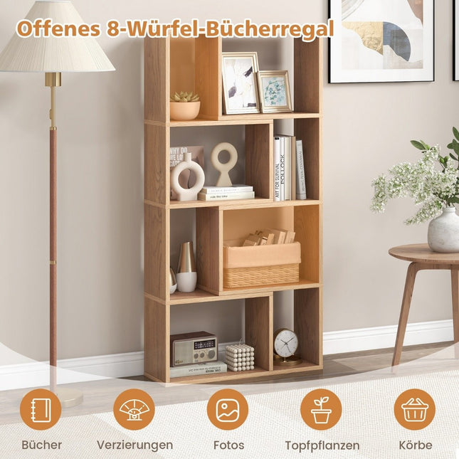 Bookshelf with 8 Cubes, 4-Tier, 60x20x120 cm, Natural Wood