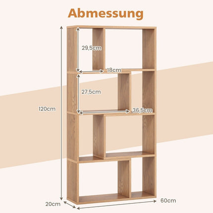 Bookshelf with 8 Cubes, 4-Tier, 60x20x120 cm, Natural Wood