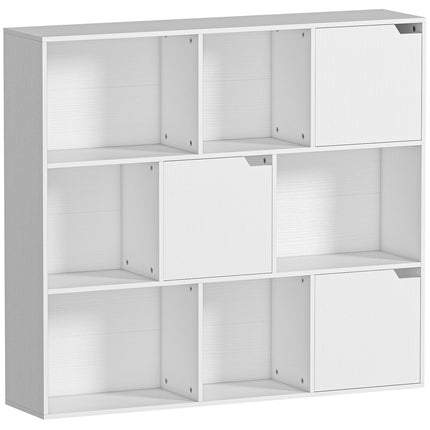 Bookshelf with 9 Cubes, 3 Doors, 6 Open Shelves, White