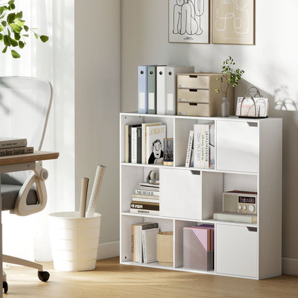 Bookshelf with 9 Cubes, 3 Doors, 6 Open Shelves, White