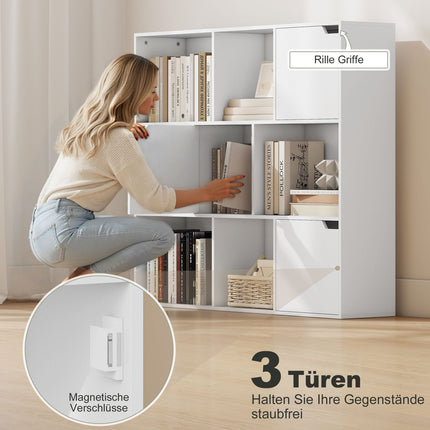 Bookshelf with 9 Cubes, 3 Doors, 6 Open Shelves, White