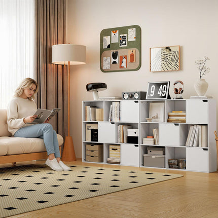 Bookshelf with 9 Cubes, 3 Doors, 6 Open Shelves, White