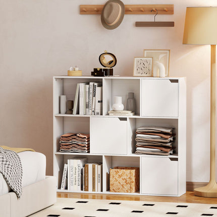 Bookshelf with 9 Cubes, 3 Doors, 6 Open Shelves, White
