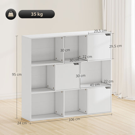 Bookshelf with 9 Cubes, 3 Doors, 6 Open Shelves, White
